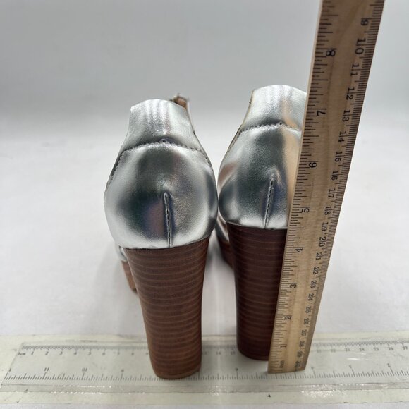 FSJ Silver Peep Open Toe T-Strap Front Zipper Chunky Stacked High Heel Sandal - Picture 4 of 7